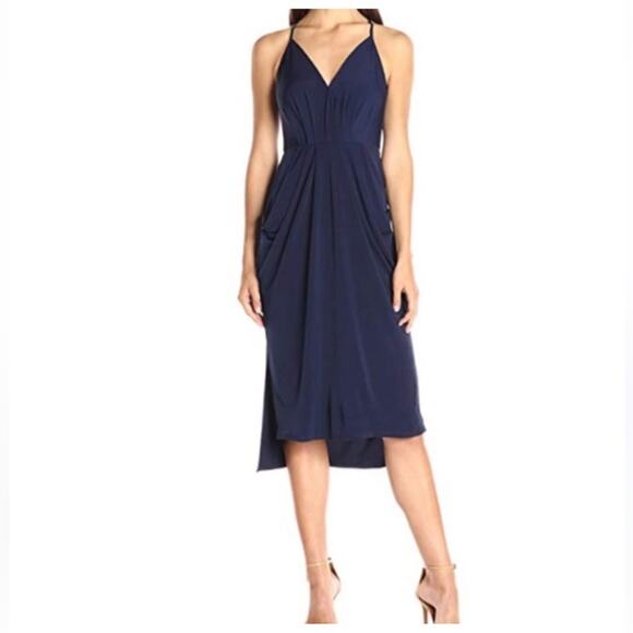 BCBGeneration Dress Draped Navy Blue Pleated Midi Spaghetti Straps Pockets Med - Picture 1 of 15